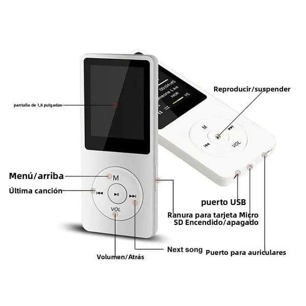 Vit Bluetooth MP3/MP4-spelare, träningsutrustning, FM-radio, inspelningsfunktion, stöder 128GB lagring, förlustfri musik, hög frekvens.
