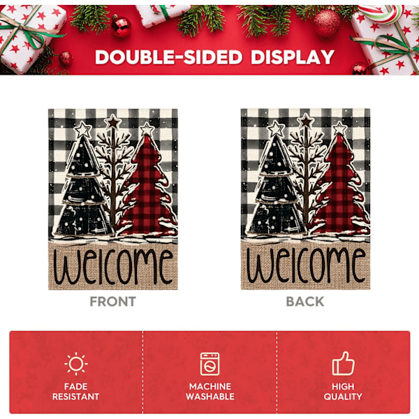 Glædelig Jul Træ Haveflag 12x18 Tommer Dobbeltsidet Ude, Rustik Buffalo Plaid Vinter Burlap Have Udendørs Dekorativt Flag