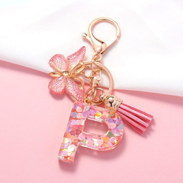 Mode Alphabet Initial Bogstav Nøglering Tassel Butterfly Vedhæng Nøglering til Pung Håndtasker Kvinder Pige Pink Butterfly Letter P