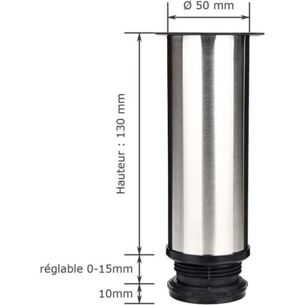 Møbelfødder i rustfrit stål, sæt med 8, Ø50 mm, højde 150 mm, højdejusterbare