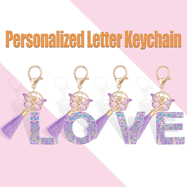 Sødt Rosa Nøglering til Kvinder Piger, Initialbogstav Nøglering med Kvast, Charms til Nøglepung Håndtasker Rygsække Purple Butterfly Letter-c