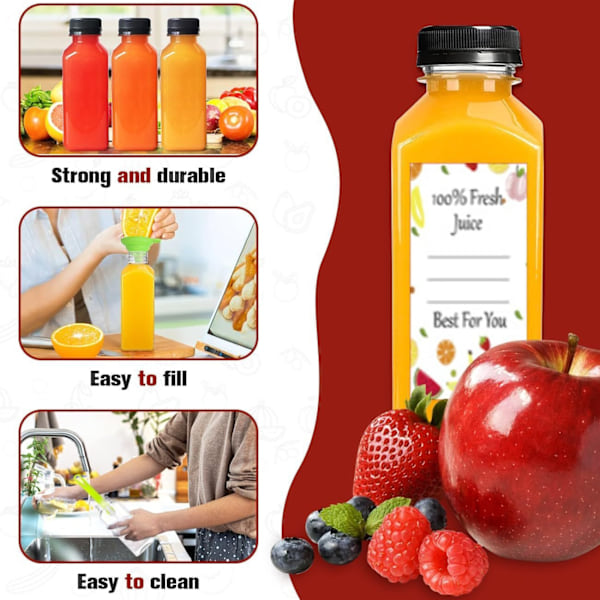 Plastflasker for juice med lokk 12 stk, 12oz gjenbrukbare juicebeholdere med manipulasjonssikre lokk Svart, Klar juiceflasker for juicing, melk, smoothie