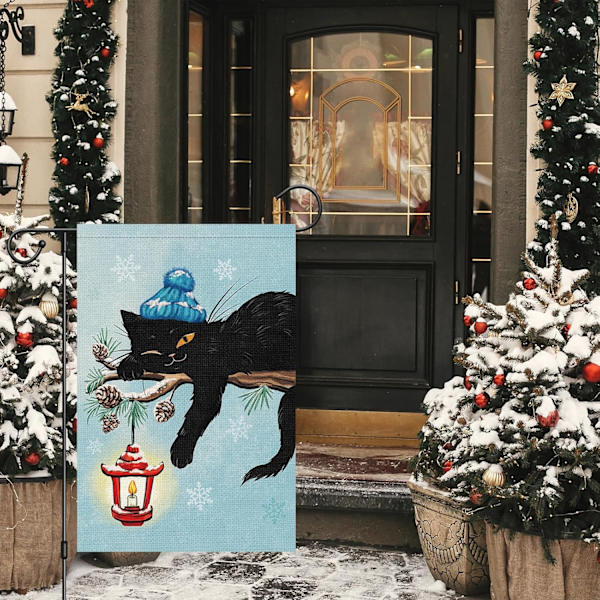 God Jul Trädgårdsflagga 12x18 Dubbelsidig, Burlap Vinter Jul Klocka Svart Katt Trädgård Gräsmatta Flaggor (ENDAST FLAGGA) Winter Cat-12" x 18"