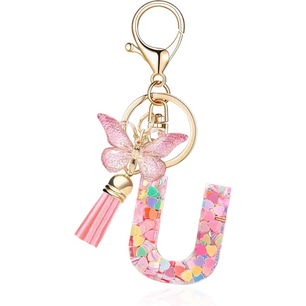 Mode Alphabet Initial Bogstav Nøglering Tassel Butterfly Vedhæng Nøglering til Pung Håndtasker Kvinder Pige Pink Butterfly Letter U