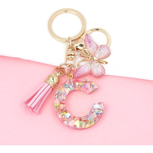 Mode Alphabet Initial Bogstav Nøglering Tassel Butterfly Vedhæng Nøglering til Pung Håndtasker Kvinder Pige Pink Butterfly Letter C