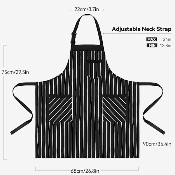 2-pakks kjøkkenforkle, justerbar bib myk kokkeforkle med 2 lommer for menn og kvinner       Mørk svart/hvit-2 H