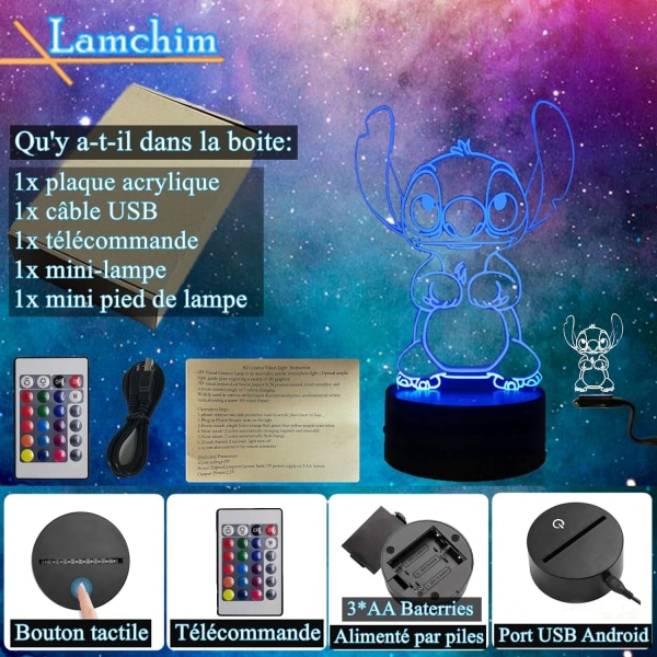 Stitch 3D-lampa Manga LED-nattlampa, Stitch Sänglampa Nattlampa 16 farger 3D-bordslampa dekorasjon, USB-drevet Touch Remote Barn Nattlampa