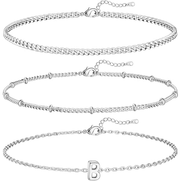 3 kpl valkokultaiset nimikirjainrannekkeet naisille, sirot 14K kultaiset rannekorut, kirjainlinkin riipus A-Z, monogrammi rannekoru, tahraamattomat korut lahjoiksi B