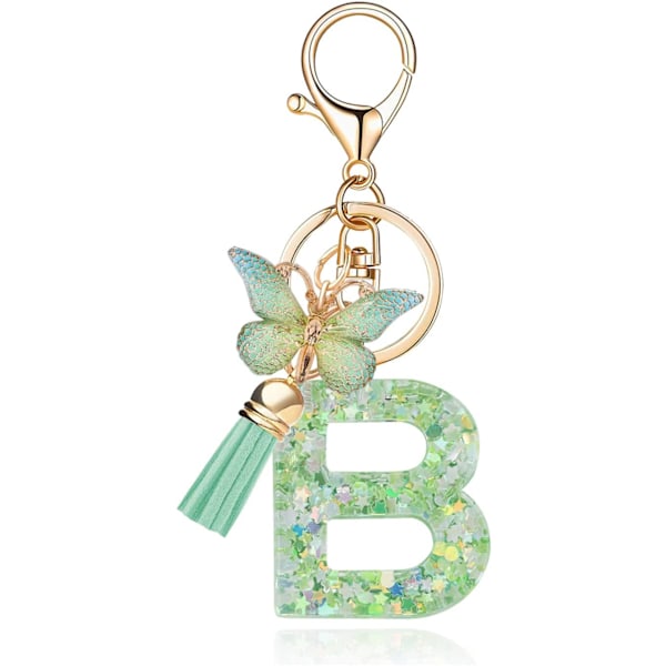 Mode Alphabet Initial Bogstav Nøglering Tassel Butterfly Vedhæng Nøglering til Pung Håndtasker Kvinder Pige Green Butterfly Letter B