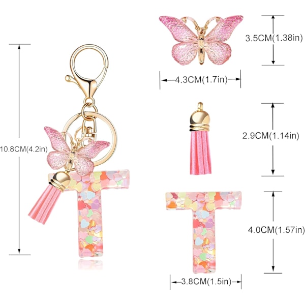 Mode Alphabet Initial Bogstav Nøglering Tassel Butterfly Vedhæng Nøglering til Pung Håndtasker Kvinder Pige Pink Butterfly Letter T