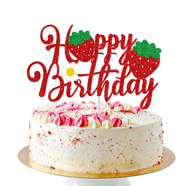 Bursdagsdekorasjon med jordbærtema - Happy Birthday flagg, kakedekorasjon og jordbærplakat
