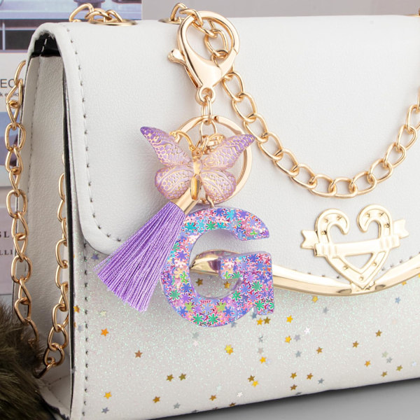 Sødt Rosa Nøglering til Kvinder Piger, Initialbogstav Nøglering med Kvast, Charms til Nøglepung Håndtasker Rygsække Purple Butterfly Letter-g