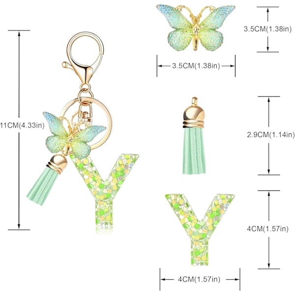 Mode Alphabet Initial Bogstav Nøglering Tassel Butterfly Vedhæng Nøglering til Pung Håndtasker Kvinder Pige Green Butterfly Letter Y
