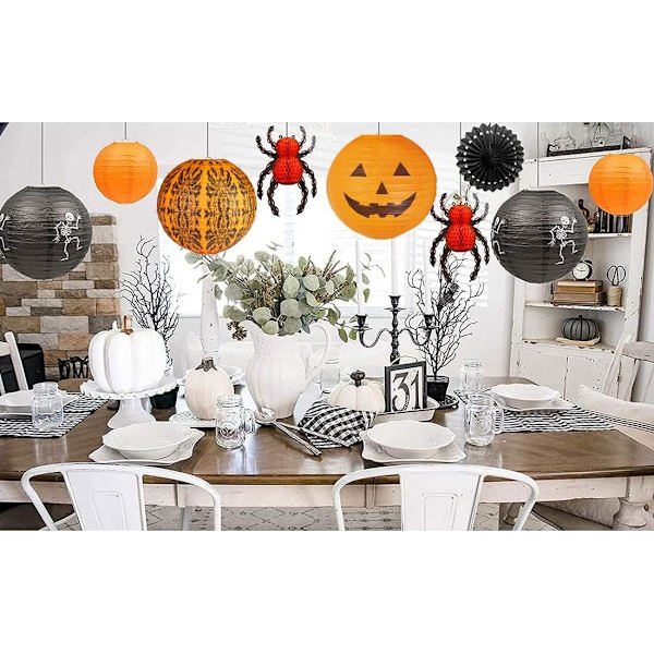 12 st Halloween Hängande Dekorationer Papperslyktor, Jack-O'-Lantern Spindel Skelett Pumpa för Inomhus & Utomhus Spöklikt Heminredning