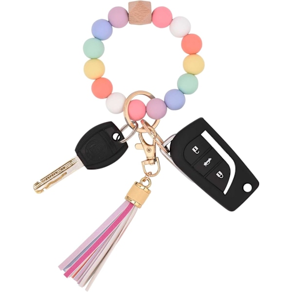 Silikonperle Armbånd Nøglering Håndledsrem Nøglering Bangle Kæder til Kvinder med Læder Kvast Rainbow