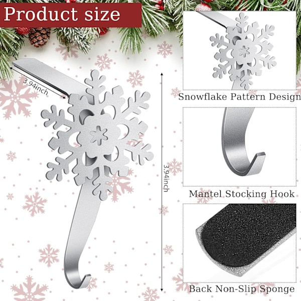 12 stycken snöflinga julstrumpehållare för mantel Julstrumpor krokar strumpehållare strumpehållare (silver)