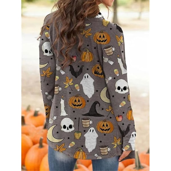 Dam Cardigan med Halloween Pumpa Katt Tryck Stickad Långärmad Öppen Fram Knitted Tröja Ytterkläder Toppar M