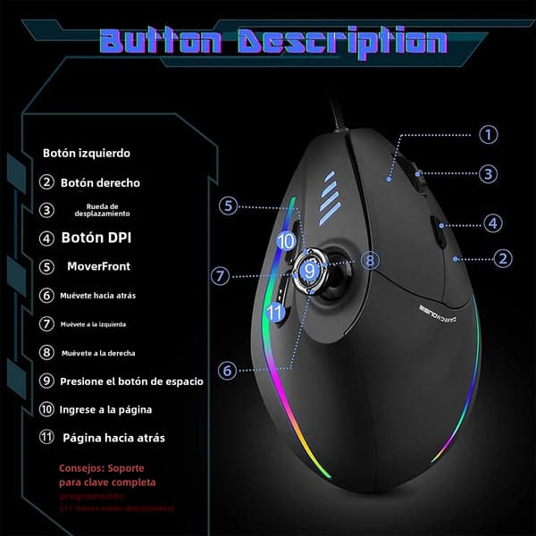 Ergonomisk RGB Vertikal Gamingmus, USB-kablet, 11 Programmerbare Knapper, Høy Presisjon, Egnet for PC-gamere