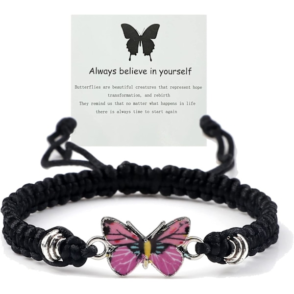 Altid tro på dig selv Sommerfugl Armbånd, Justerbare Håndvævede Armbånd til Kvinder, Søde Sommerfugl Charm Armbånd Black Pink