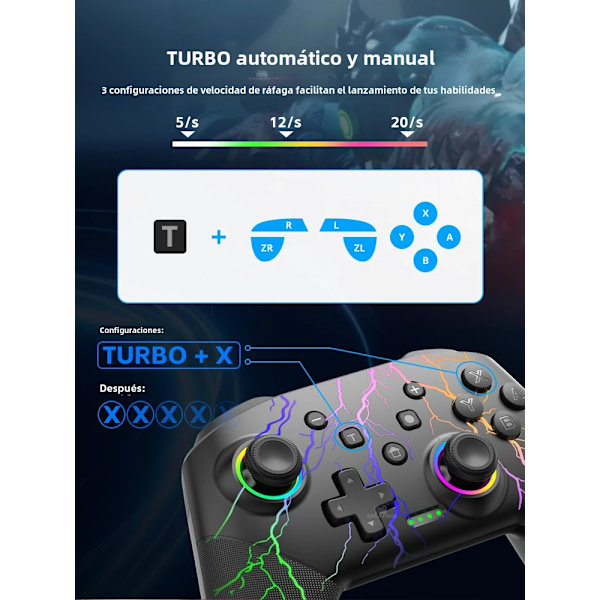 Sort Trådløs Controller, Kompatibel med Switch Style OLED, Genopladeligt Batteri, Programmerbar Turbo, RGB Lys