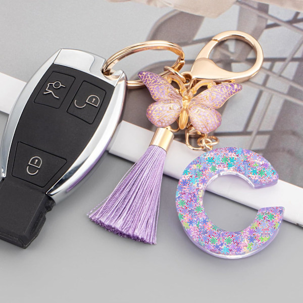 Sødt Rosa Nøglering til Kvinder Piger, Initialbogstav Nøglering med Kvast, Charms til Nøglepung Håndtasker Rygsække Purple Butterfly Letter-c