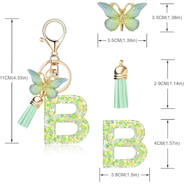 Mode Alphabet Initial Bogstav Nøglering Tassel Butterfly Vedhæng Nøglering til Pung Håndtasker Kvinder Pige Green Butterfly Letter B