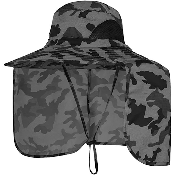 Solhatt med nakkeklaff, solbeskyttelse for utendørs, fiskehatt med stor brem, utendørshatt, mørk grå camo Dark Grey Camo