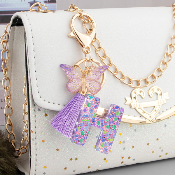 Sødt Rosa Nøglering til Kvinder Piger, Initialbogstav Nøglering med Kvast, Charms til Nøglepung Håndtasker Rygsække Purple Butterfly Letter-h
