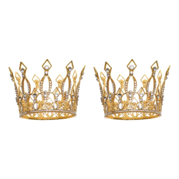 1/2 helrund Crystal Queen Crowns pannband för fest Gold 9.5cm x 11cm 2Set