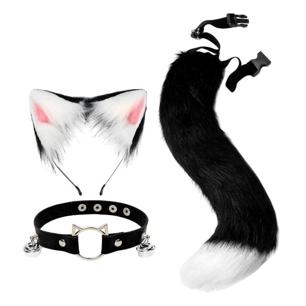 Faux Cat öron och svans Set Kostym Fancy Dress Present för scen Black White