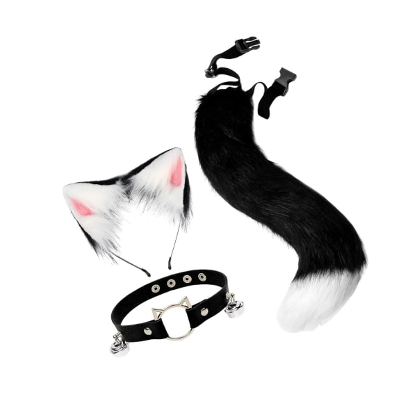 Faux Cat öron och svans Set Kostym Fancy Dress Present för scen Black White