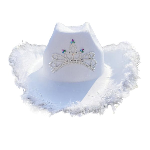 Nyhet Cowboyhatt Dam Cowgirlhatt för förlovningsfest Fancy White feather crown hat
