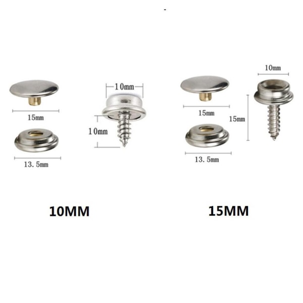 1/2/3/5 50 set Fästskruv Snaps Stubb för marin båtcanvas Silver 10mm 15mm 1Set