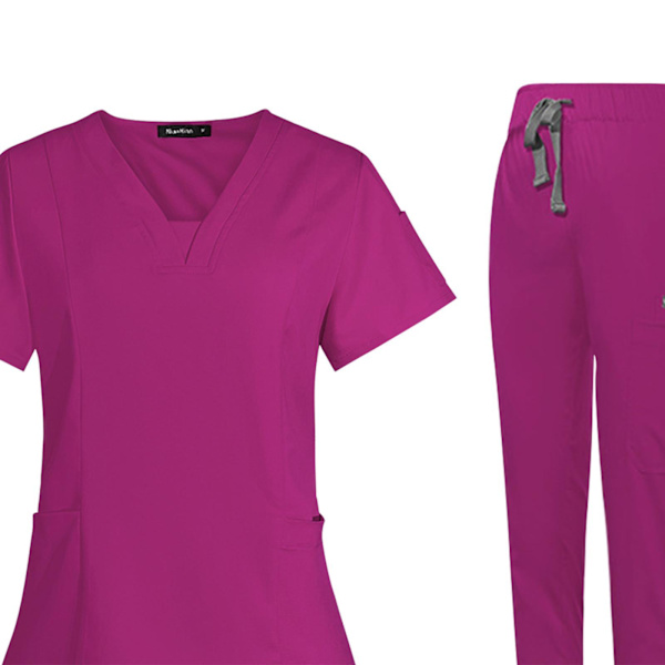 1/2 kvinnlig Scrub Set Nurse v-ringning Maskintvättbar kort Rose Red S 1Set