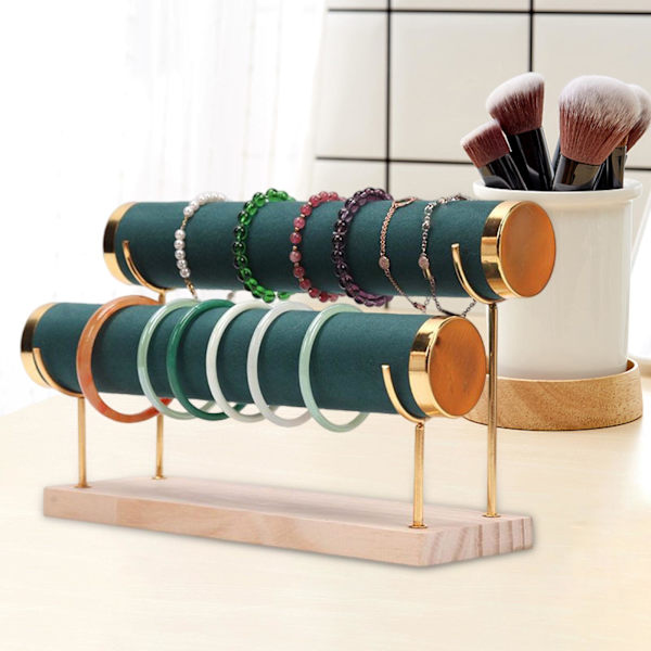 2-vånings armbandsdisplayställ för klockor Smyckesbutiksdisk PU Green 11.02x7.87x7.28 Inch