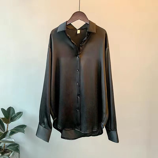 Kvinnor Button-up skjorta Arbetar Lapel Blus Kläder Kläder Black 2XL