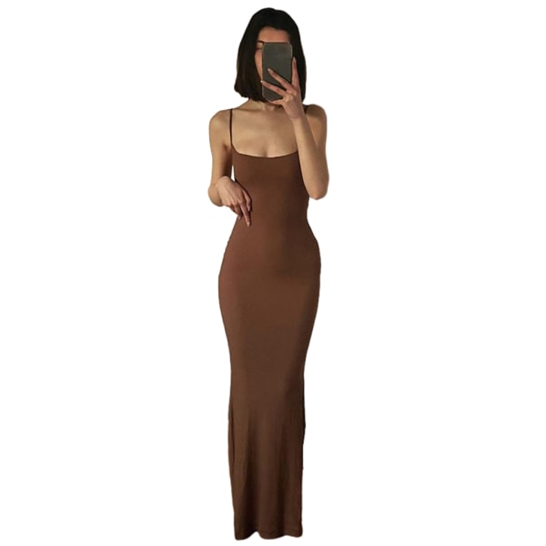 Lång kjol Bodycon Klänning Festkläder Midi Asymmetrisk Brown/XS