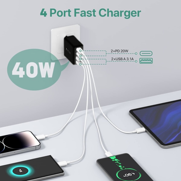 USB C-laddare, 40 W USB multi-snabbladdare, flera USB-uttag USB-laddningskontakt-adapter, USB-laddare