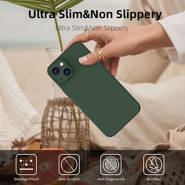 iPhone 13 silikonikuori, Hany Case, erittäin ohut, mikrokuituinen, naarmuuntumaton kokonaisvaltainen suojakuori iPhone 13 6,1 tuuman puhelimelle, tummanvihreä