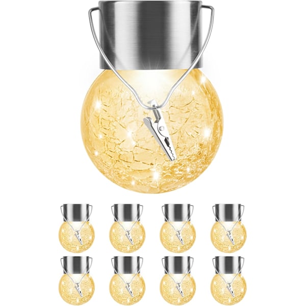 Solcellslampor Utomhus Hängande Dekorativ Glob 8-Pack, Vattentät Sollykta med Handtag och Klämma, Solcellslampor i Glas för Trädgård Warm White8