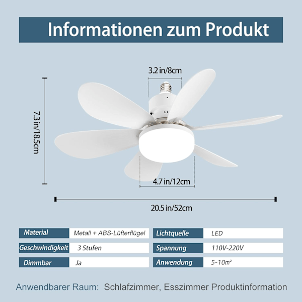 Takfläkt med belysning, E26/E27 fläkt med fjärrkontroll, tyst dimbar takfläkt