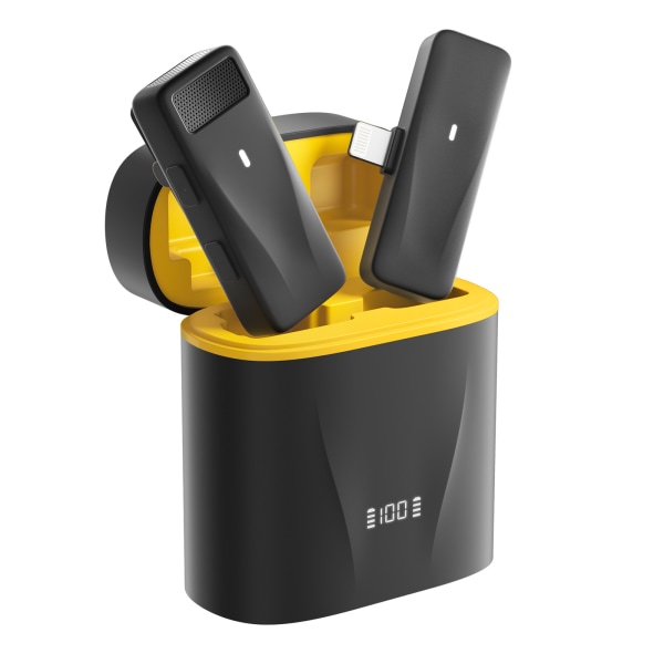 Trådlös lavaliermikrofon, brusreducerande, liveintervjutelefoninspelning för iPhone med laddningsfodral svart och gult i ett stycke B