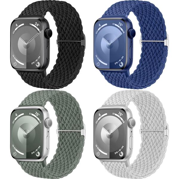 4-pak flettede solo loop armbånd kompatible med Apple Watch remme 40 mm 41 mm 38 mm 42 mm 44 mm 45 mm 49 mm til kvinder og mænd, elastisk {ad} C.Black/DarkBlue/Grey/ArmyGreen 42mm/44mm/45mm/49mm