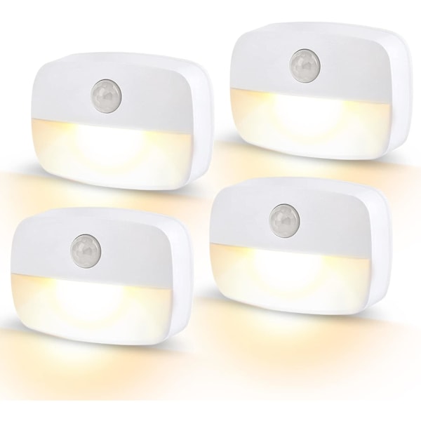 LED bevægelsessensor natlampe, [4 pak] Stick-On natlampe batteridrevet, gang, skab, køkken, varmt hvidt lys 4 stk four