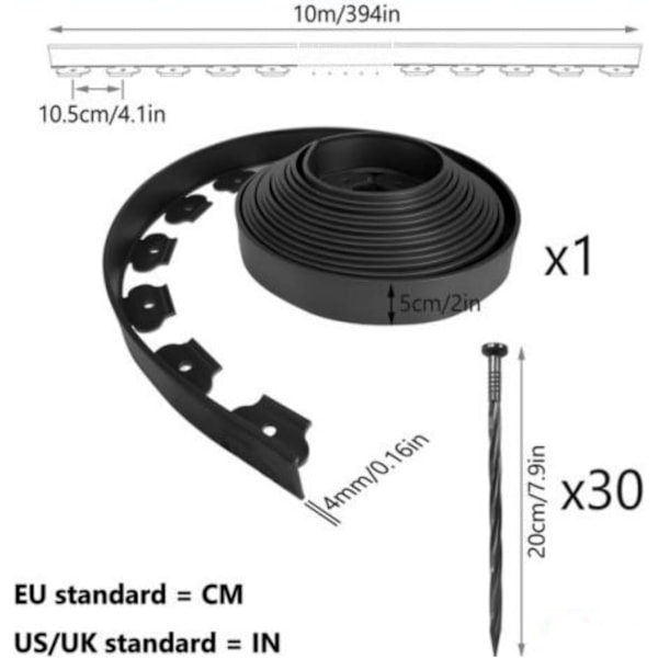 Sort fleksibel plænekant 10m x 5cm med 30 fastgørelsessøm, plast udendørs havekant, plænekant rulle til havekant, blomsterbedskant