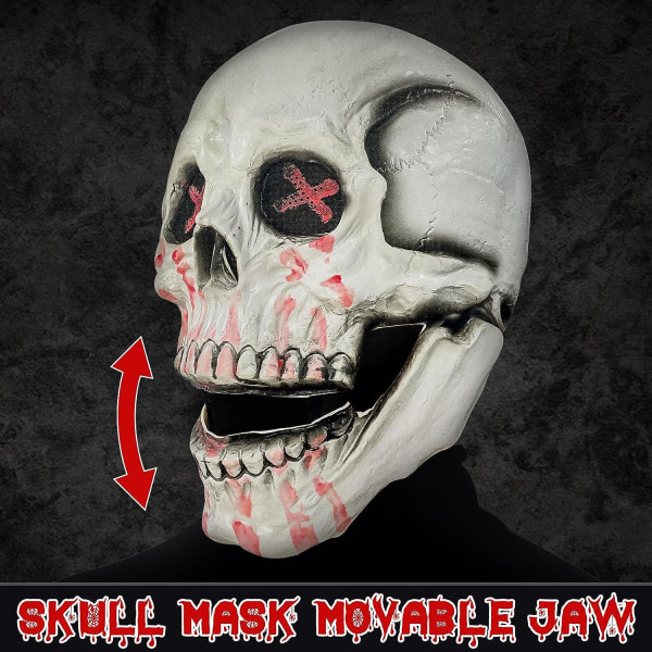 FUFRE Halloween-mask Helhuvudskallemask, realistisk läskig mask med rörlig käke, 3D Hvuxna latexmasker Led