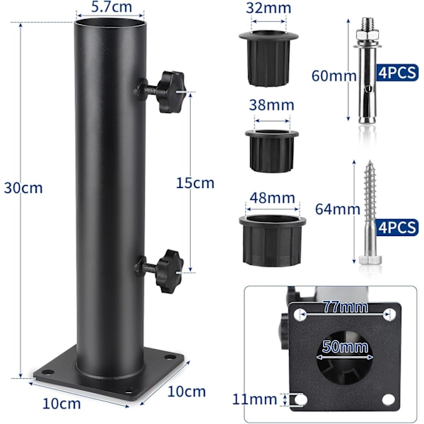 Parasolrør, Parasolbase, Justerbar Parasolholder i Rustfrit Stål med 3 PVC-Reduceringsringe (32/38/48mm), Parasolbase med 8 Stålsøm/Sort