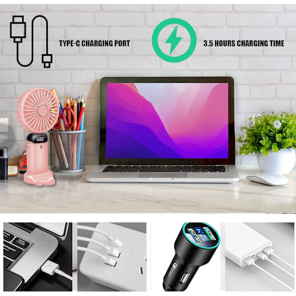 Kädessä pidettävä tuuletin, kannettava kädessä pidettävä USB-ladattava tuuletin, 7 nopeutta, paristokäyttöinen minituuletin (pinkki) pink