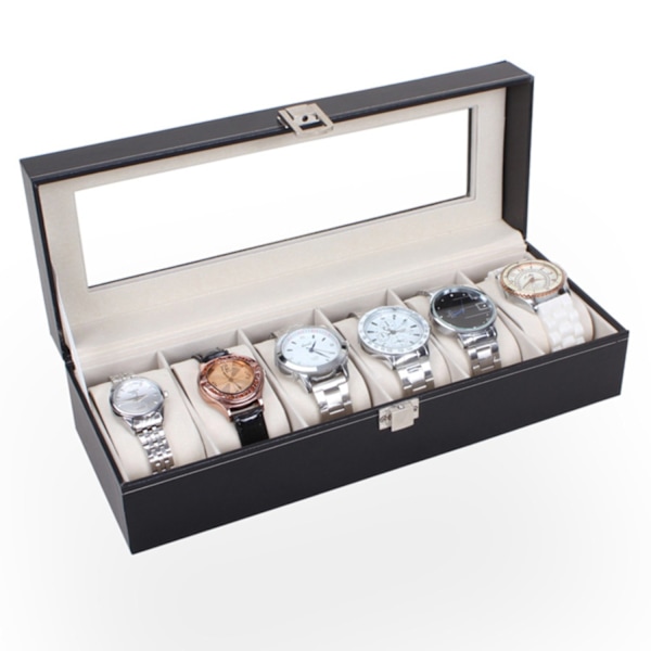 Watchbox urkasse til 6 ure - Sort med hvide syninger/sort