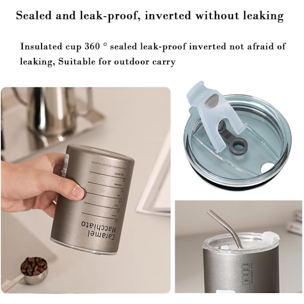 Tumbler i rostfritt stål, kaffekopp med isolering, lock och sugrör, amerikansk stil